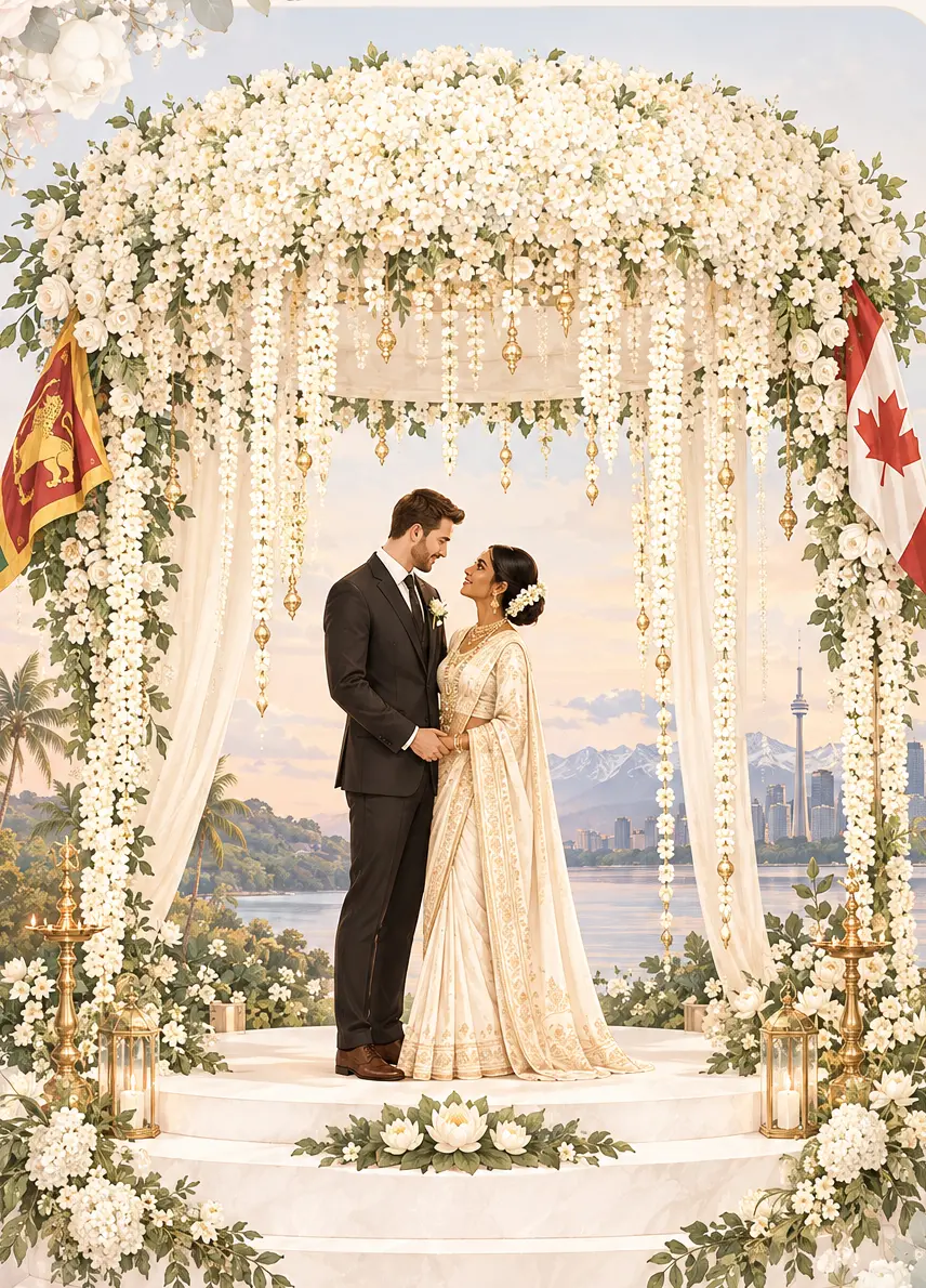 Illustrated portrait of the couple under a jasmine Poruwa